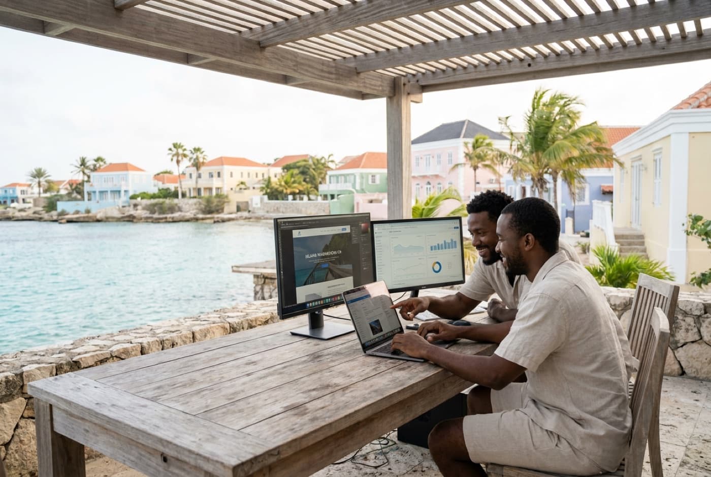 Two founders building a website on laptops by the water